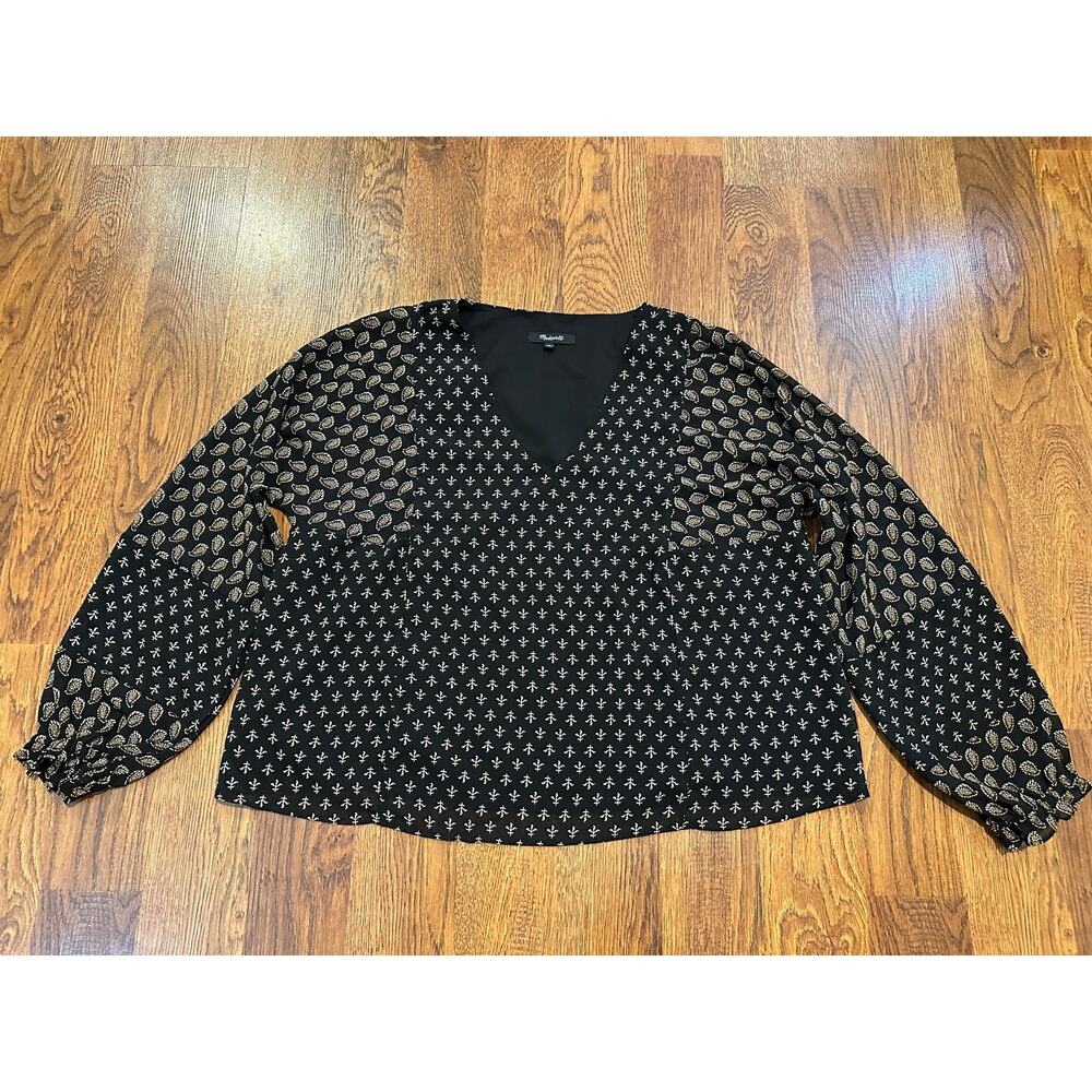 Madewell Brushstroke Split Neck Blouse Women’s Large Black Paisley Chic Top
